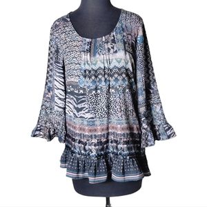 One World mixed print boho tunic top scoop neck ruffle hem 3/4 sleeve size S